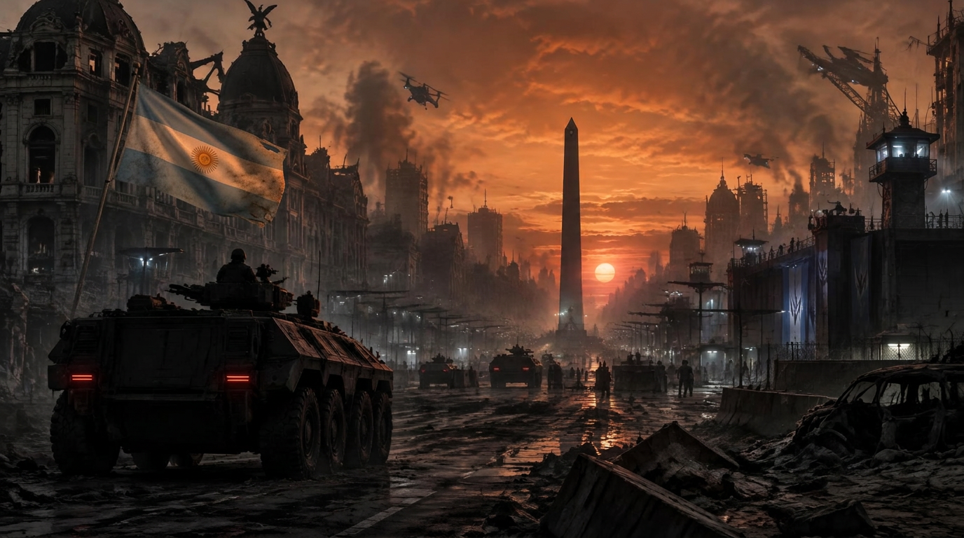Arte conceptual: avenida porteña devastada con el Obelisco al fondo y una bandera argentina gastada